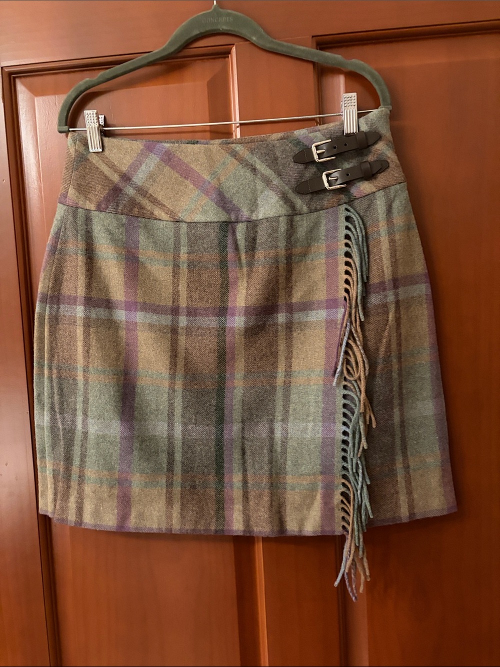 Lauren Ralph Lauren Plaid Wrap Mini Skirt in Green, Tan & Purple